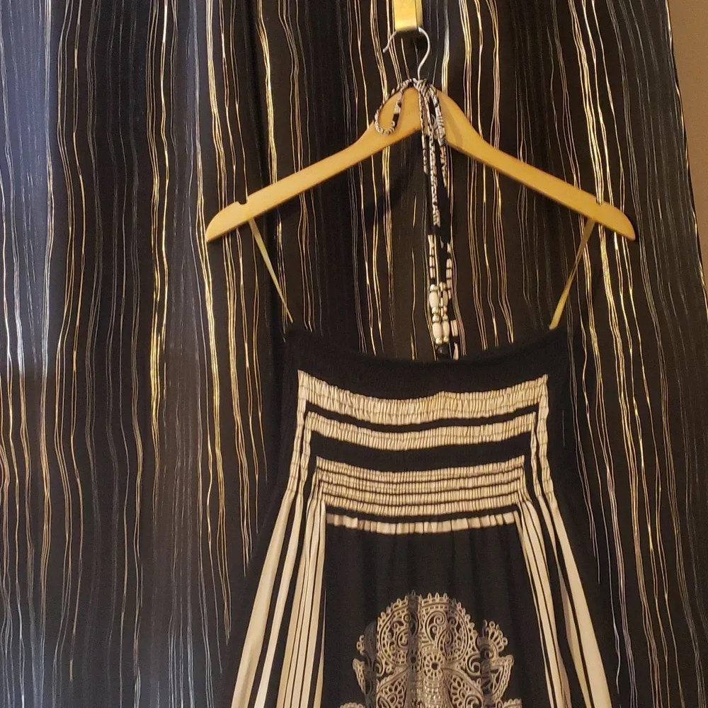 Gorgeous Black Egite Strapless Summer Dress Beaded Tie Around Neck Embellished - Picture 6 of 14